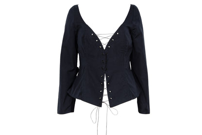 Vintage Easton Pearson black cotton corset inspired lace-up blouse with zip back opening
