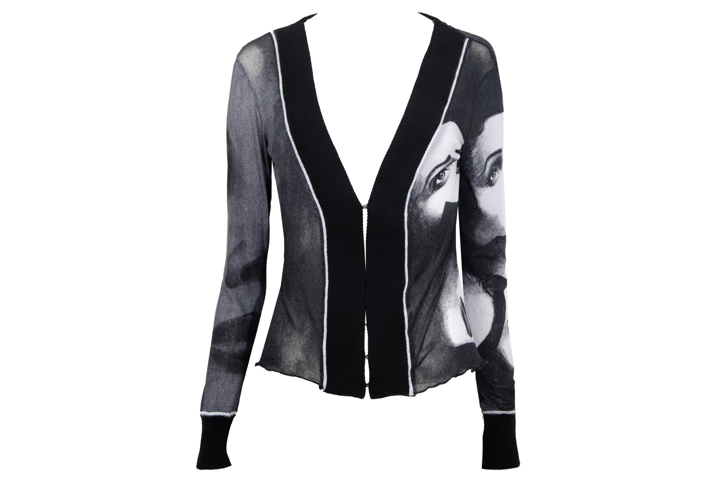 2000s sheer mesh black and white portrait print knit trim cardigan - Made in Italy