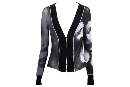 2000s sheer mesh black and white portrait print knit trim cardigan - Made in Italy