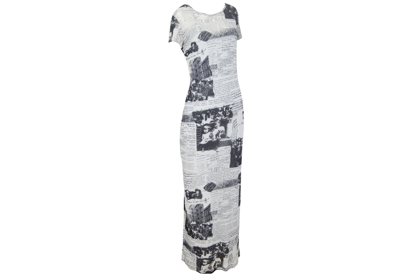 Vintage 90s French brand sheer mesh maxi dress with newspaper collage print