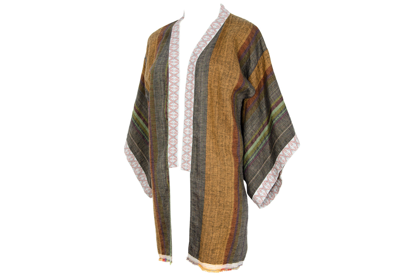 Vintage handwoven linen striped wide sleeves kimono inspired jacket - Made in Italy