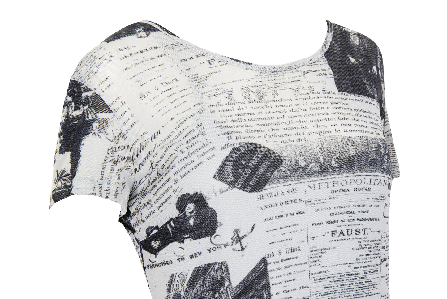 Vintage 90s French brand sheer mesh maxi dress with newspaper collage print