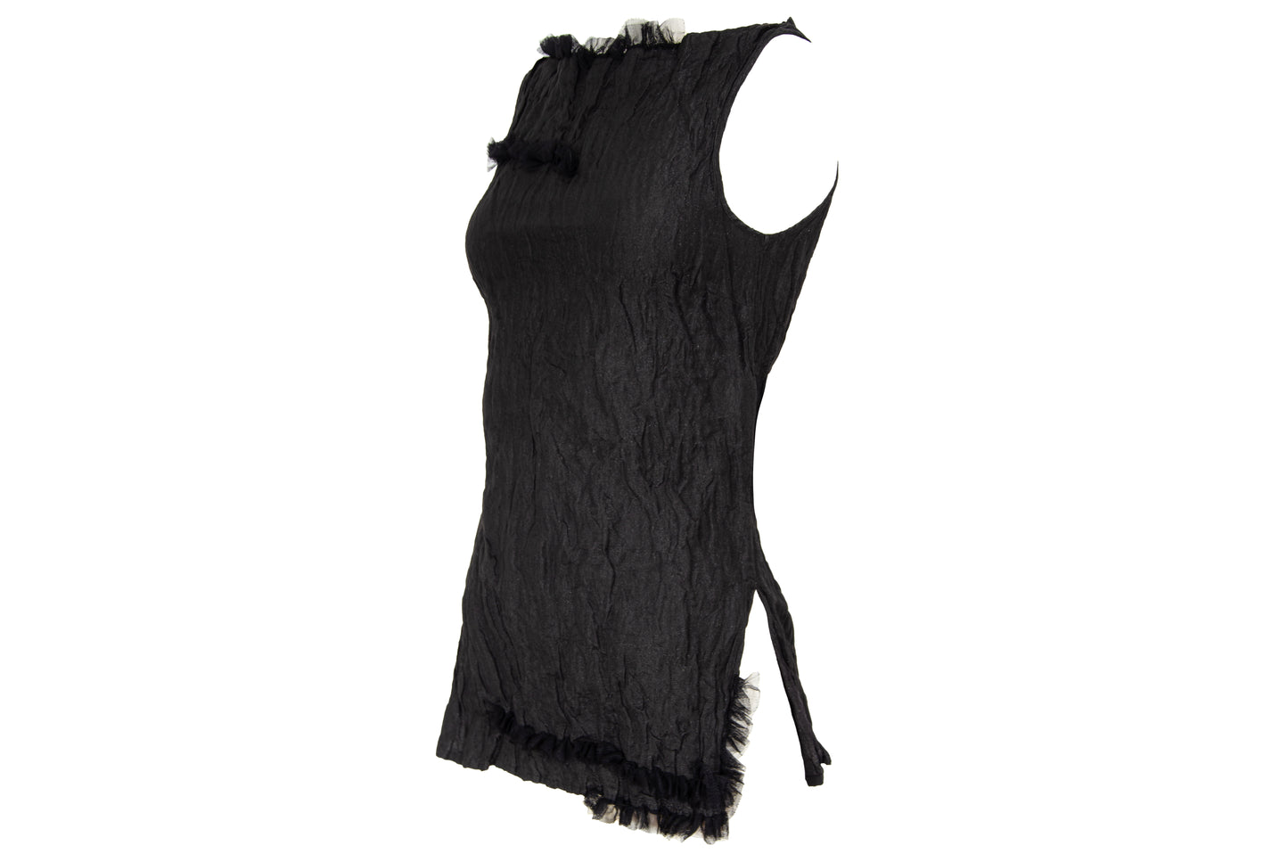 90s Marcel Marongiu black sleeveless top with permanent pleats and mesh ruffle trim