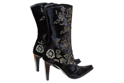 Vintage black calf hair Italian boots with floral motif and sleek high heel