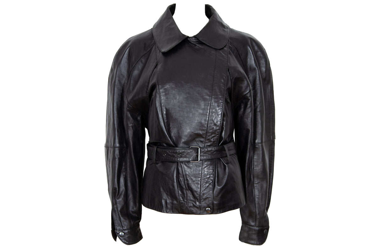 80s Michael Hoban for North Beach Leather black cinched waist biker jacket