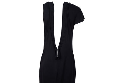 Vintage PierAntonioGaspari minimal black maxi dress with dramatic low back and asymmetrical sleeves