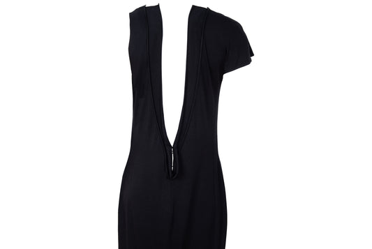 Vintage PierAntonioGaspari minimal black maxi dress with dramatic low back and asymmetrical sleeves