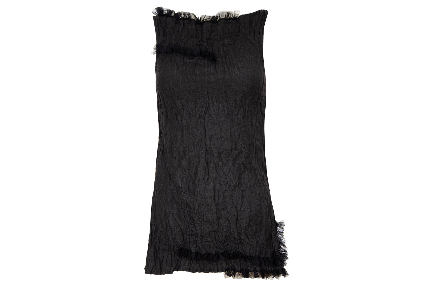 90s Marcel Marongiu black sleeveless top with permanent pleats and mesh ruffle trim