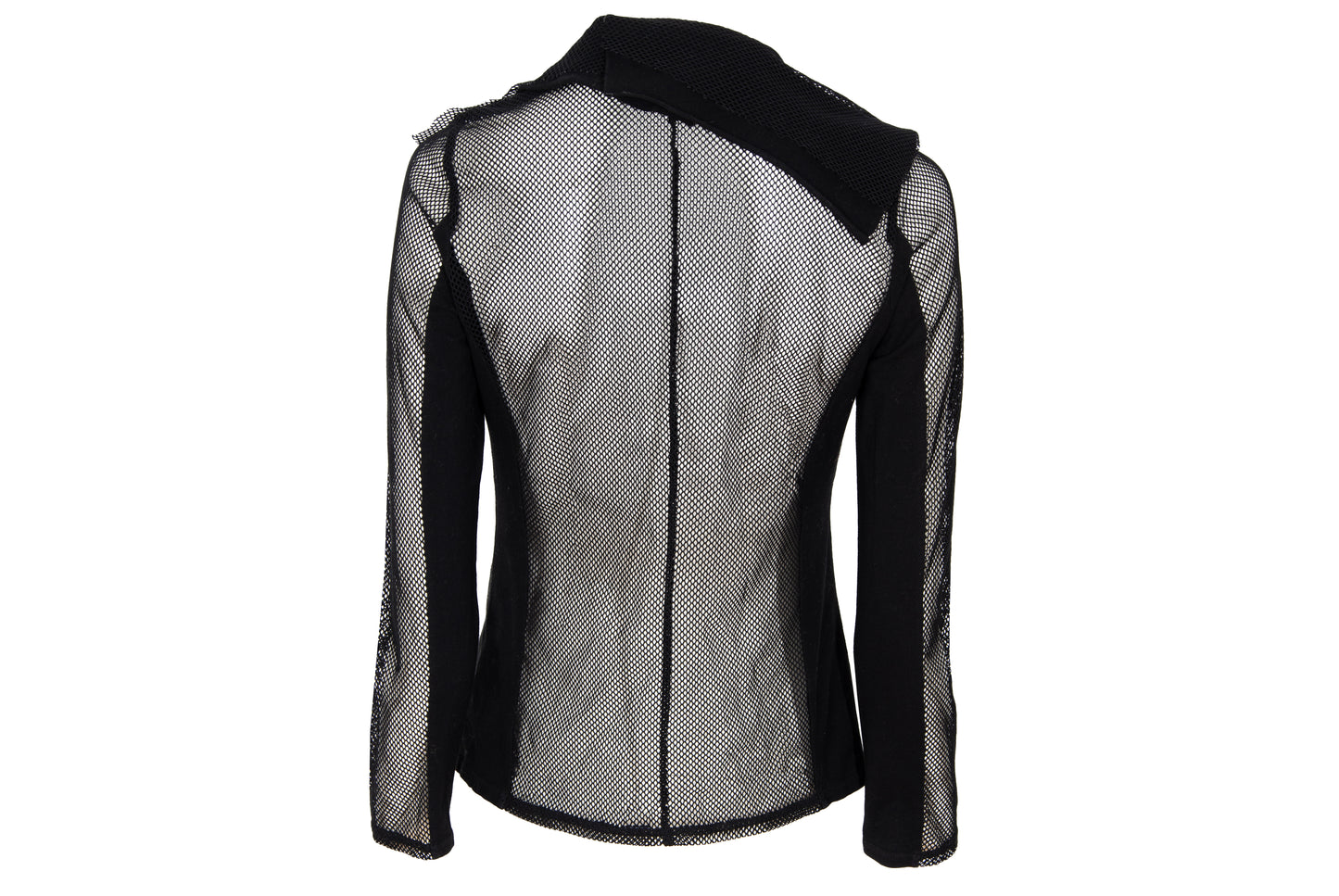 Vintage Ritsuko Shirahama black fishnet top with contrast panels and asymmetrical construction