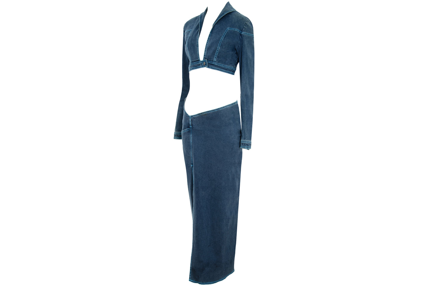 2000s Fatima Lopes cropped jacket and low waisted skirt denim set