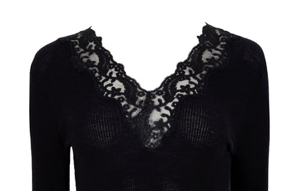 Vintage silk and wool sheer lace plunging neckline long sleeves top / Made in Italy