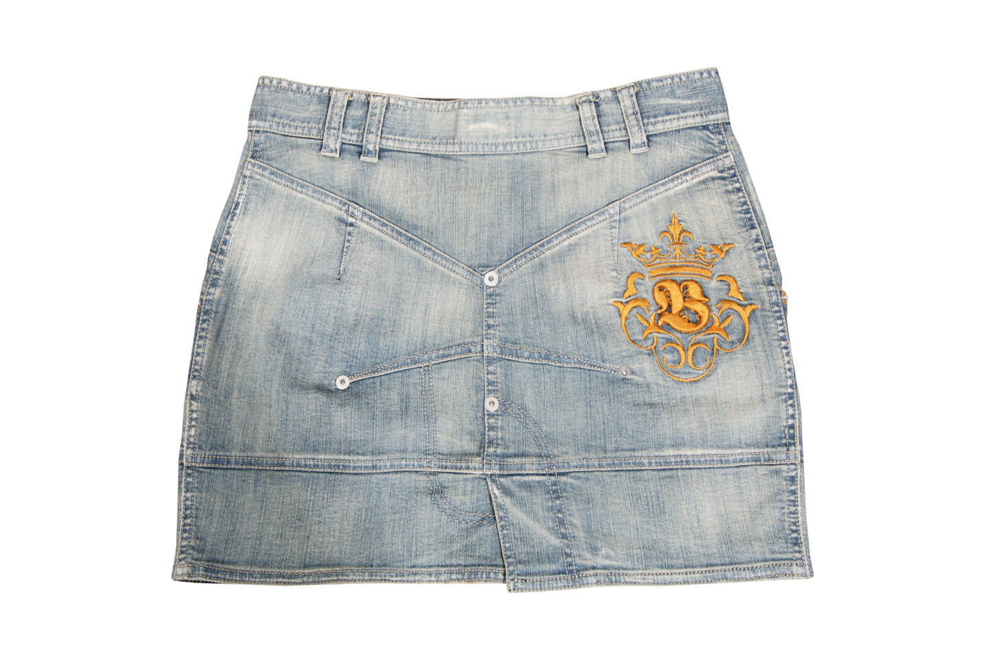 2000s Antonio Berardi mini denim skirt with asymmetrical closure and utility pockets