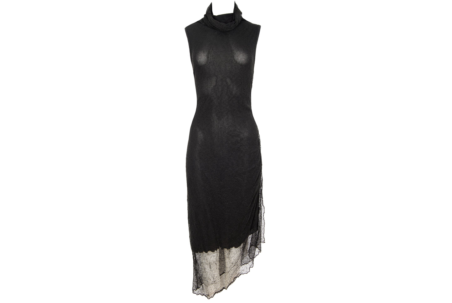 Vintage Sarah Pacini open fishnet knit cowl neck asymmetrical sleeveless dress