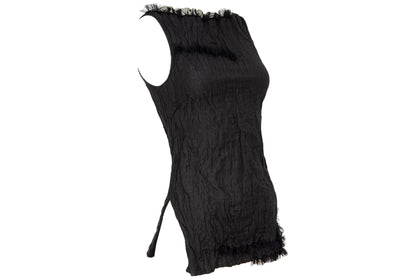 90s Marcel Marongiu black sleeveless top with permanent pleats and mesh ruffle trim