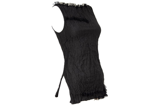 90s Marcel Marongiu black sleeveless top with permanent pleats and mesh ruffle trim