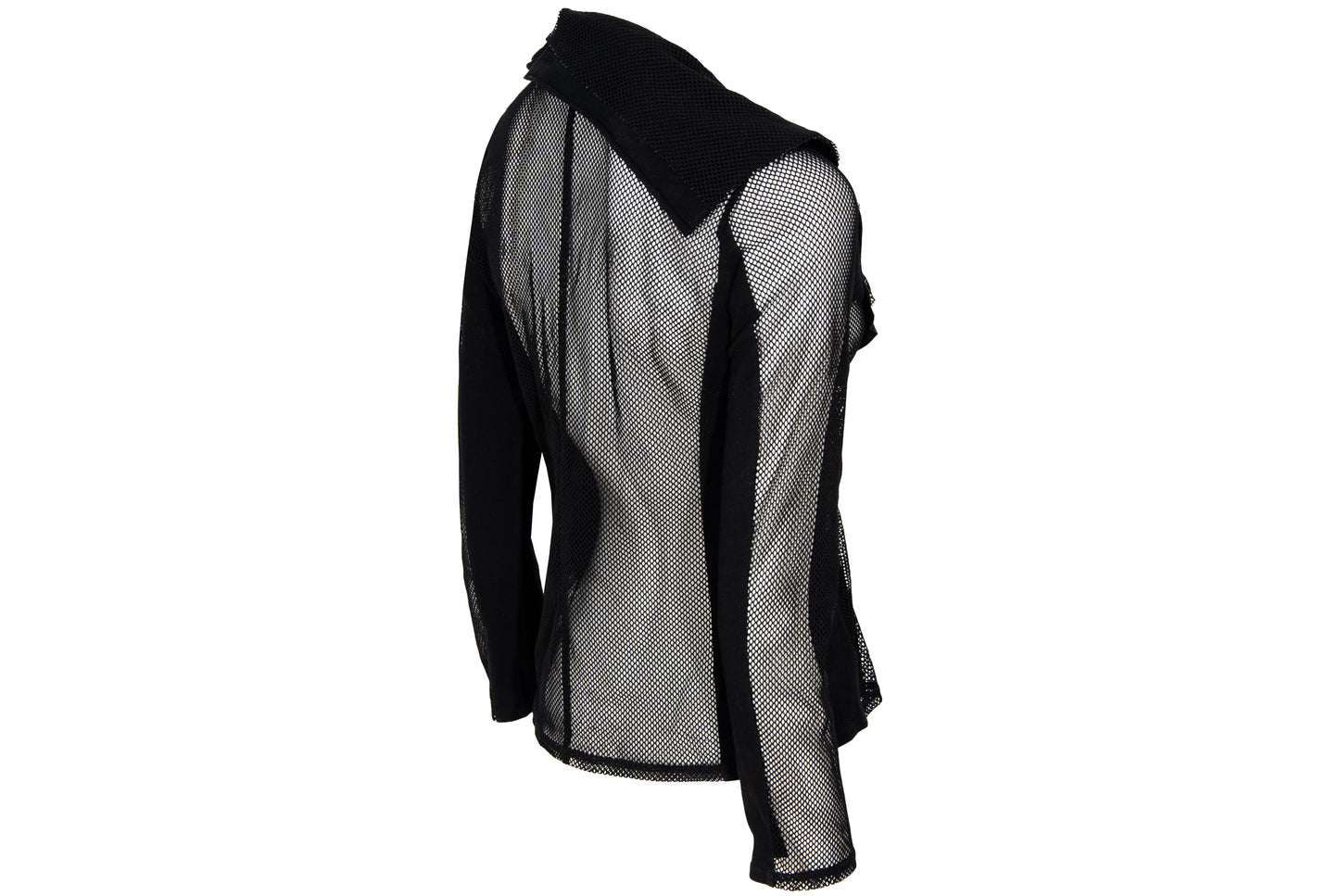 Vintage Ritsuko Shirahama black fishnet top with contrast panels and asymmetrical construction