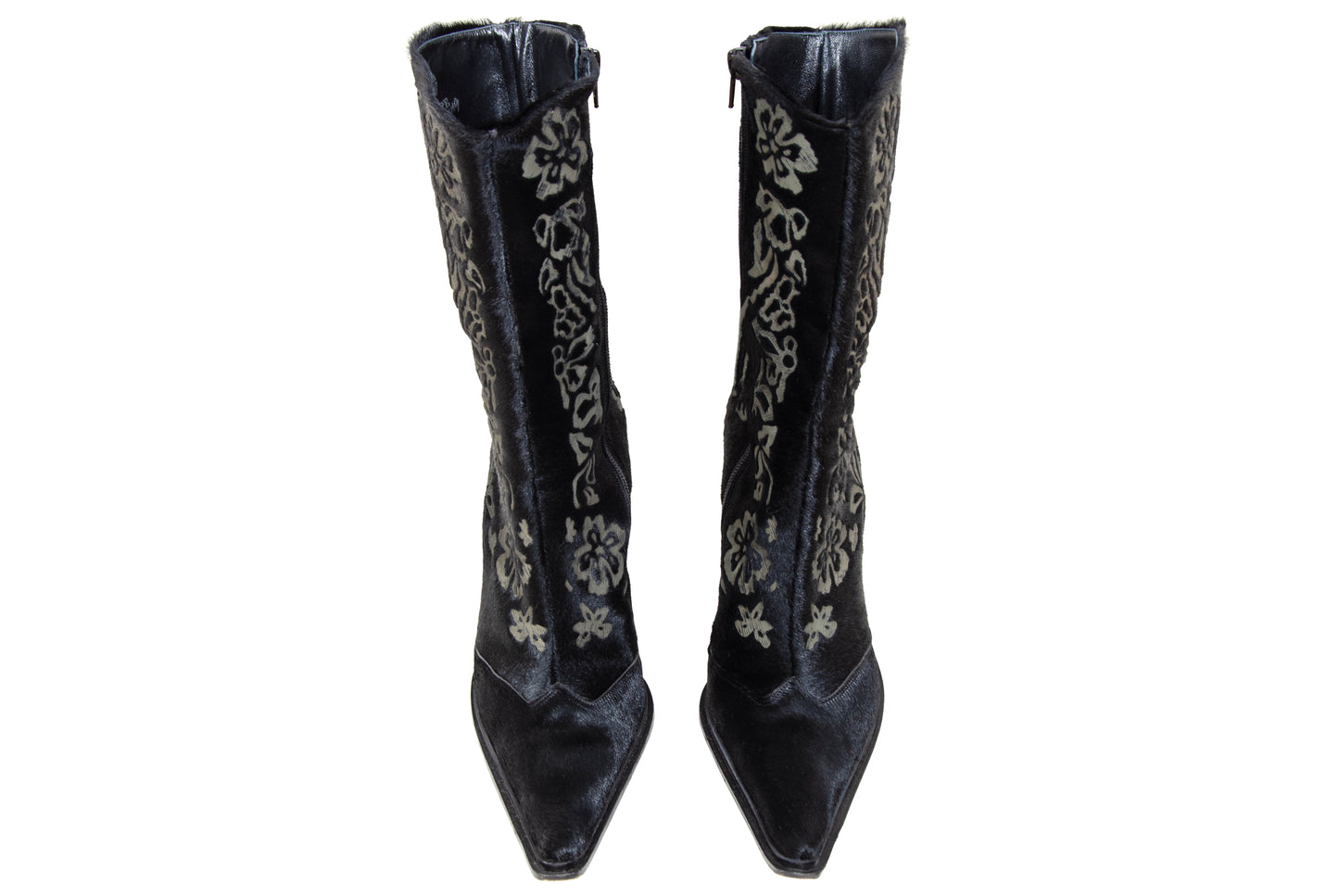 Vintage black calf hair Italian boots with floral motif and sleek high heel