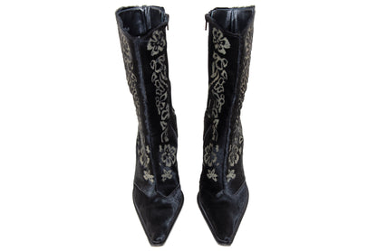 Vintage black calf hair Italian boots with floral motif and sleek high heel