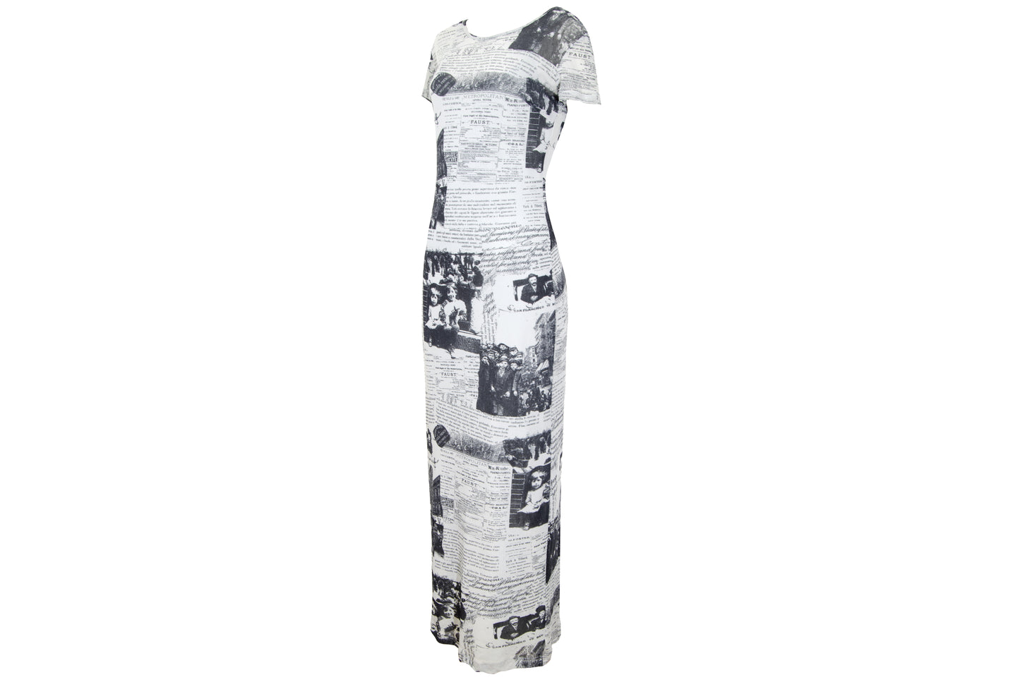 Vintage 90s French brand sheer mesh maxi dress with newspaper collage print