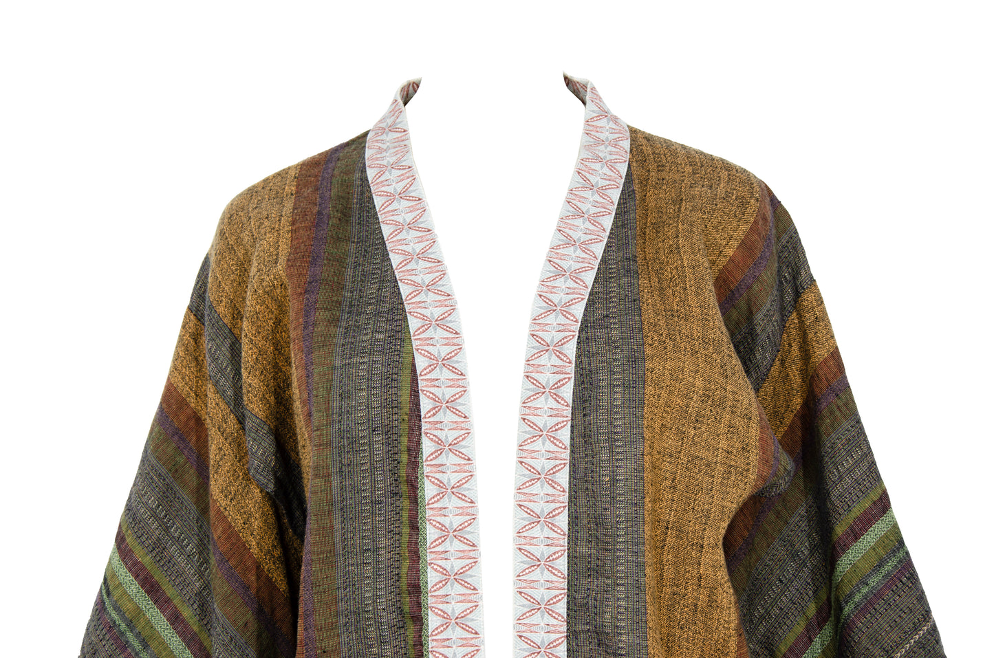 Vintage handwoven linen striped wide sleeves kimono inspired jacket - Made in Italy