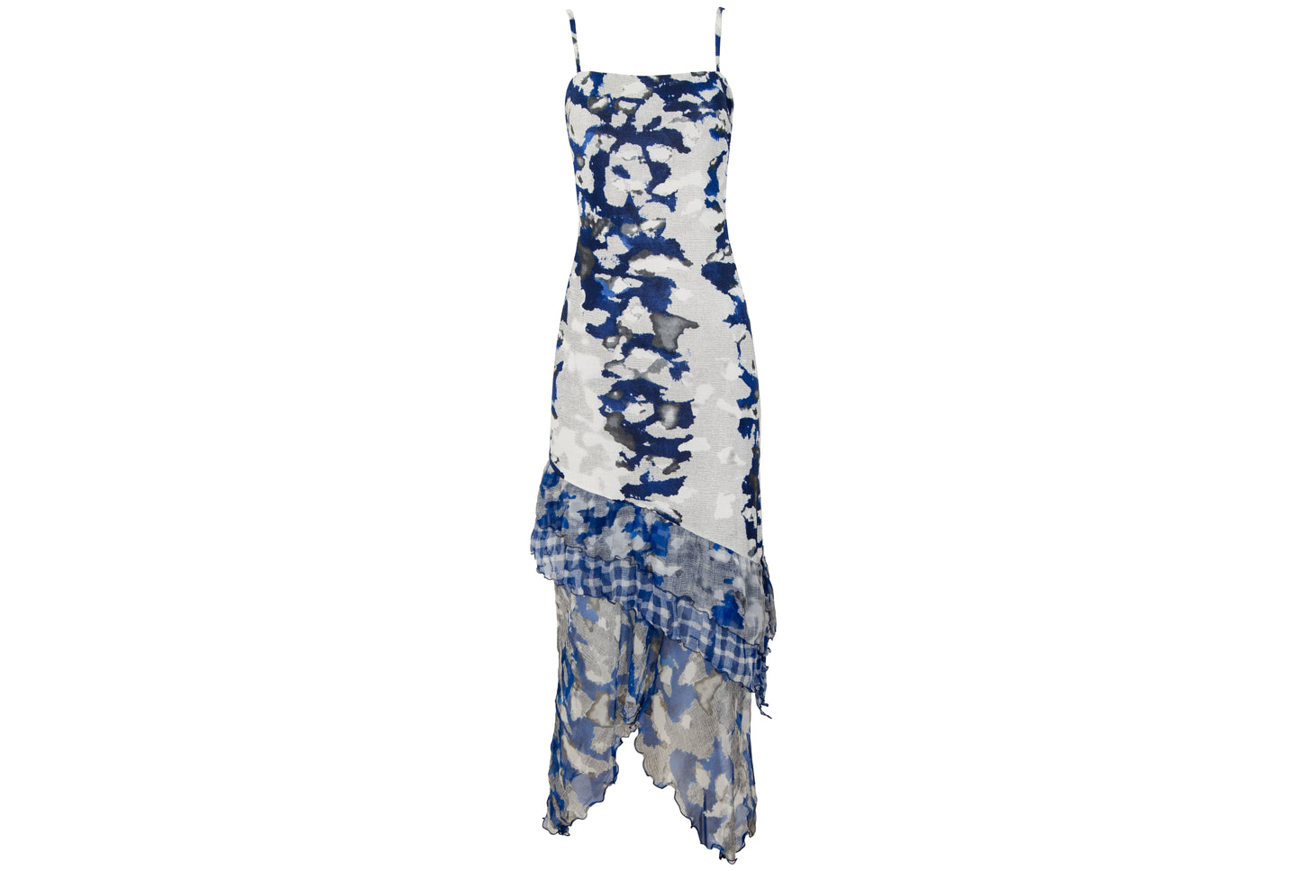 Vintage Italian designer silk abstract print asymmetrical ruffle hem spaghetti strap mermaid dress