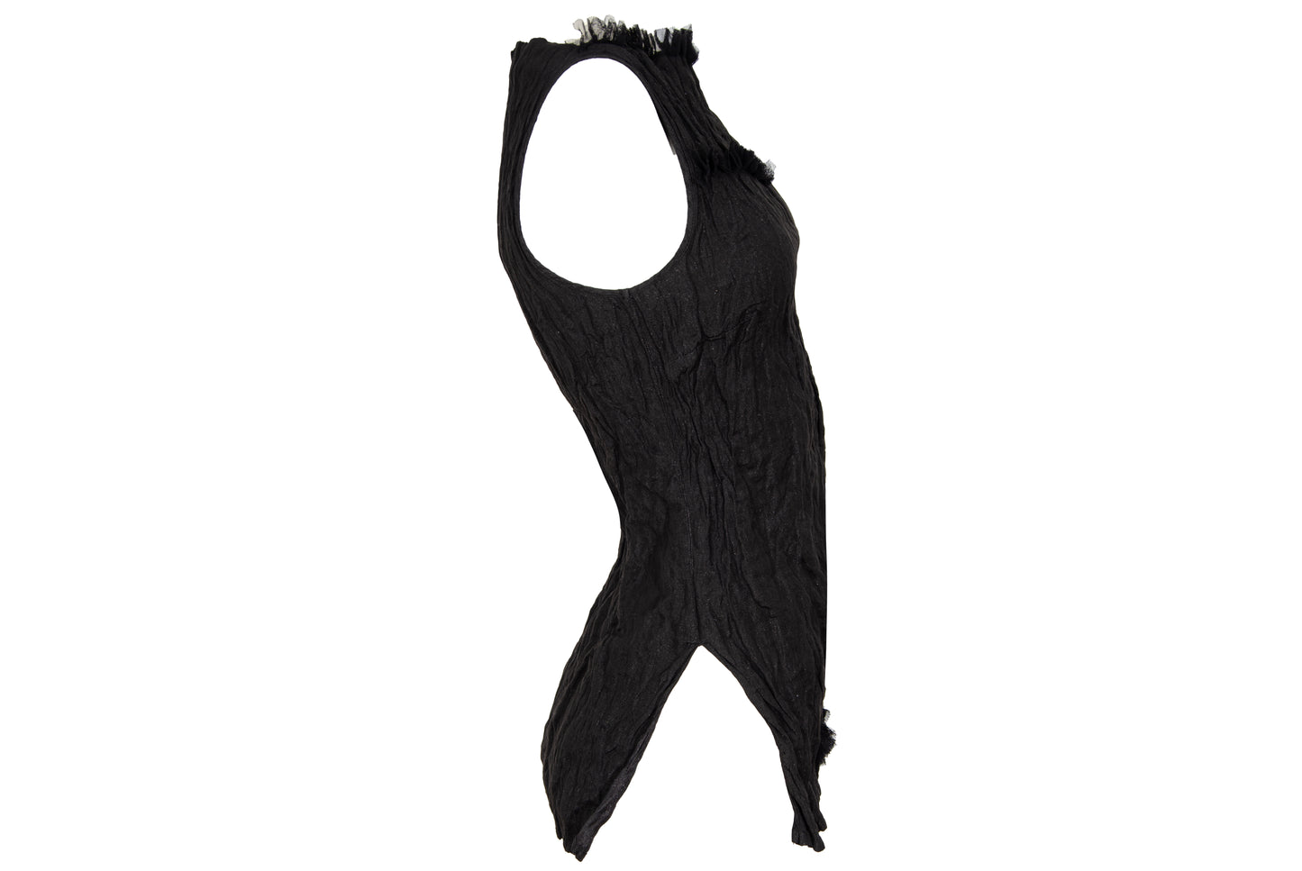 90s Marcel Marongiu black sleeveless top with permanent pleats and mesh ruffle trim