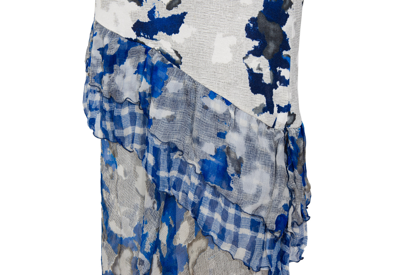 Vintage Italian designer silk abstract print asymmetrical ruffle hem spaghetti strap mermaid dress