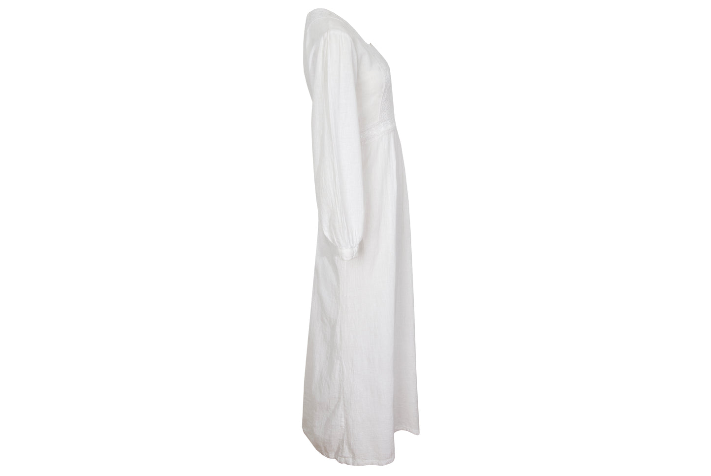 1970s white cotton gauze empire waist embroidered maxi dress