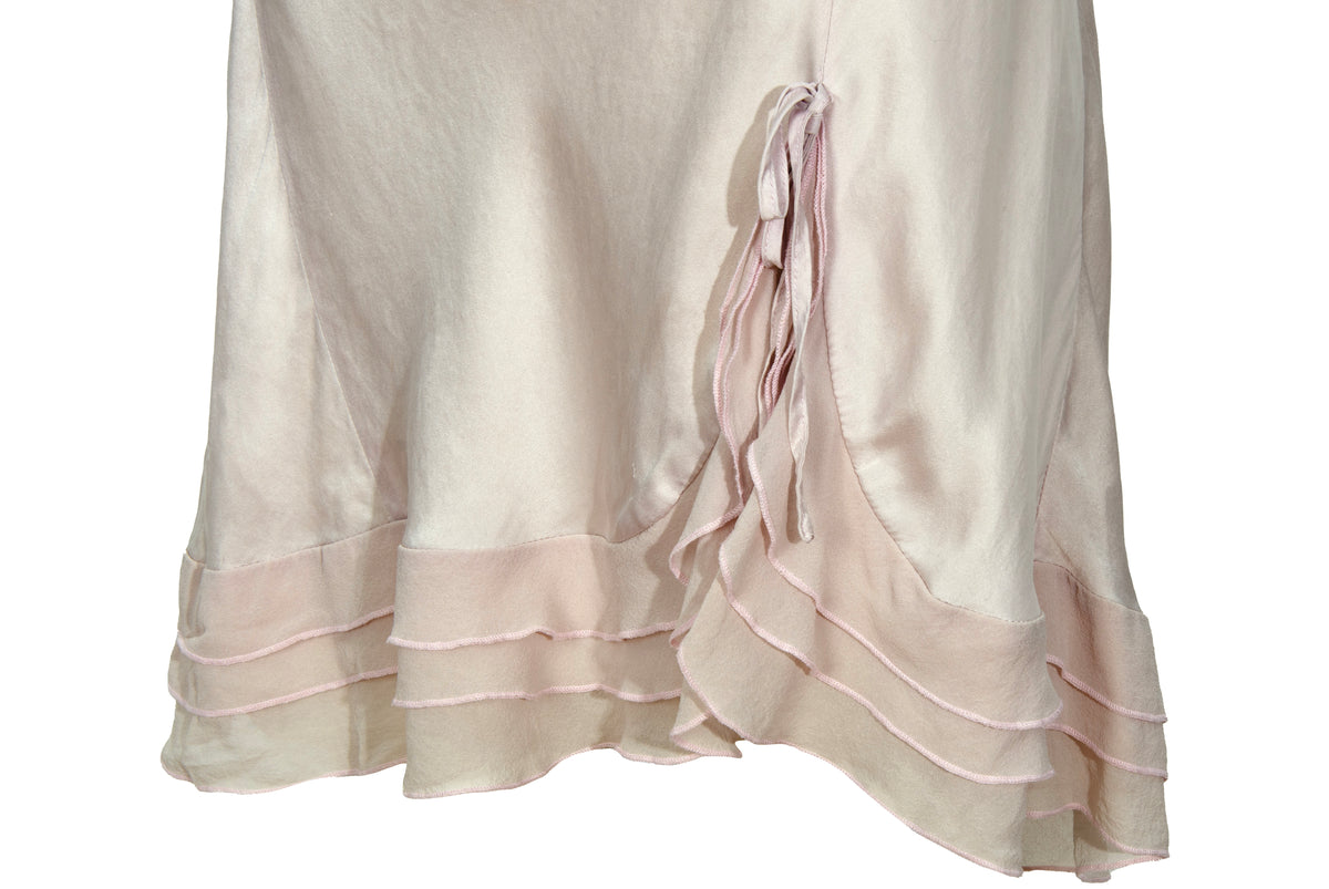 Vintage 100% silk pale blush pink open back ruffle hem spaghetti straps slip dress