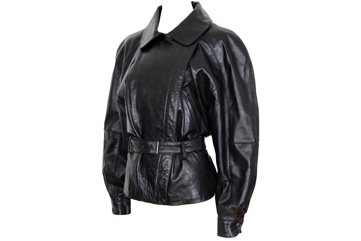 80s Michael Hoban for North Beach Leather black cinched waist biker jacket