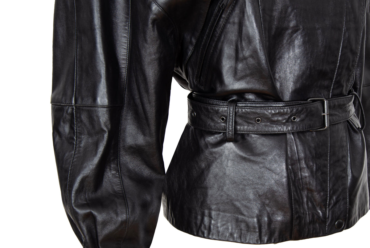 80s Michael Hoban for North Beach Leather black cinched waist biker jacket