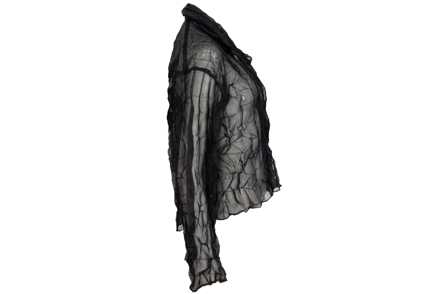 80s French designer permanent pleats sheer black open front blouse