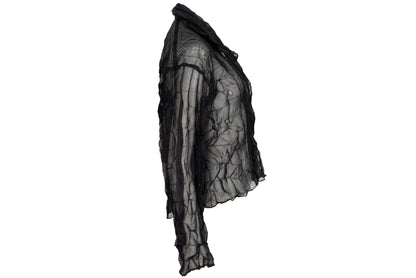 80s French designer permanent pleats sheer black open front blouse