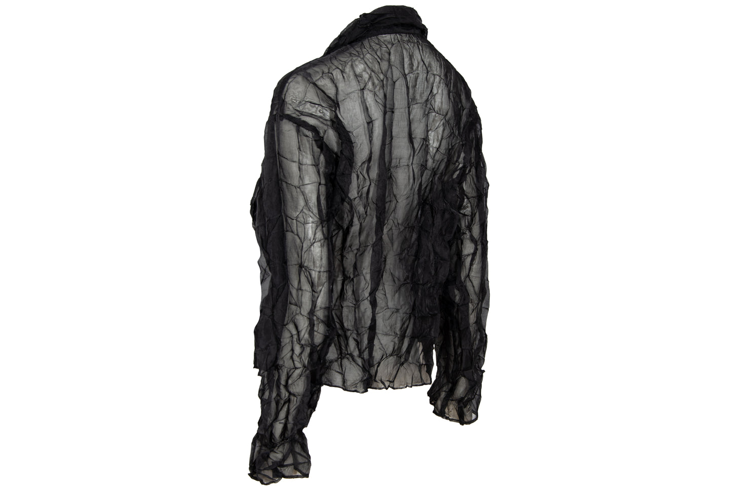 80s French designer permanent pleats sheer black open front blouse