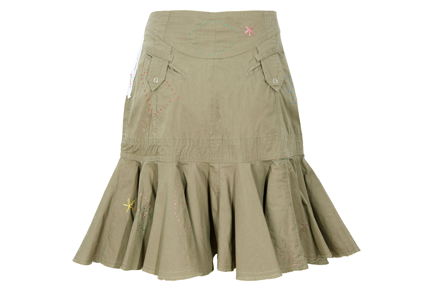 2000s Gaetano Navarra olive ruffled mini skirt with embroideries and decorative stitching