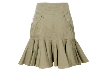 2000s Gaetano Navarra olive ruffled mini skirt with embroideries and decorative stitching