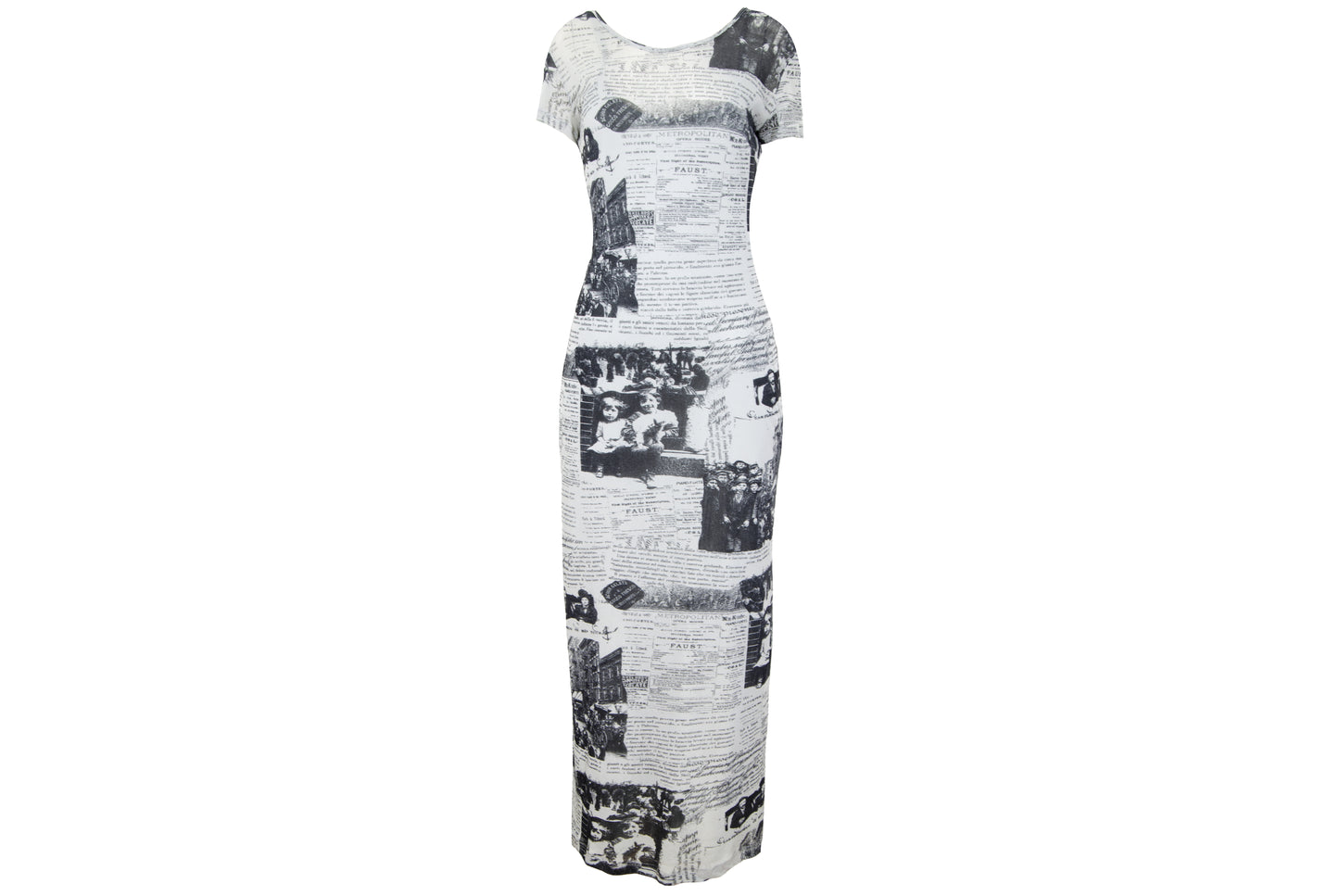 Vintage 90s French brand sheer mesh maxi dress with newspaper collage print