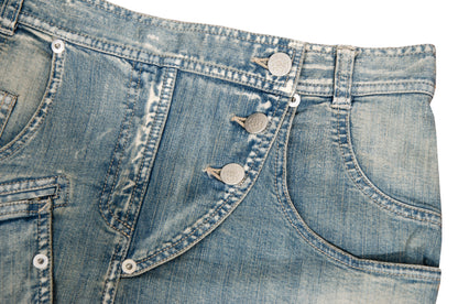 2000s Antonio Berardi mini denim skirt with asymmetrical closure and utility pockets
