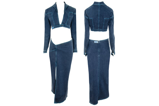 2000s Fatima Lopes cropped jacket and low waisted skirt denim set