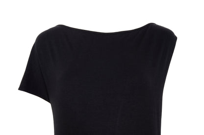 Vintage PierAntonioGaspari minimal black maxi dress with dramatic low back and asymmetrical sleeves