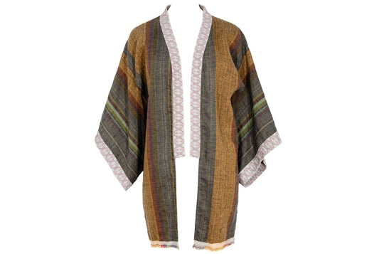 Vintage handwoven linen striped wide sleeves kimono inspired jacket - Made in Italy