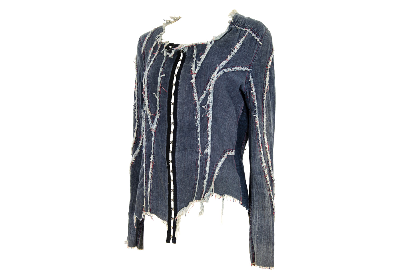 2000s French brand deconstructed denim hook & eye closure distressed denim shirt