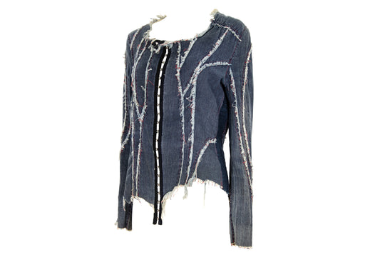 2000s French brand deconstructed denim hook & eye closure distressed denim shirt