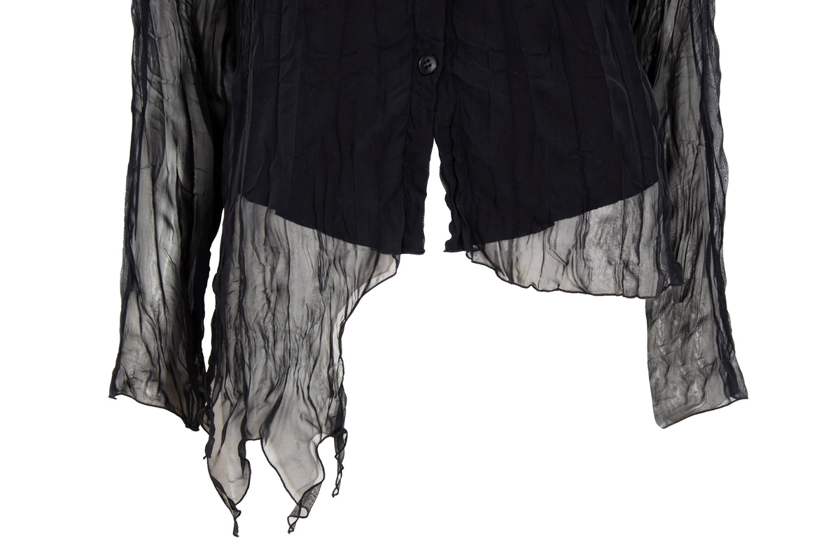 Vintage black sheer permanent pleats crinkled black blouse - Made in France