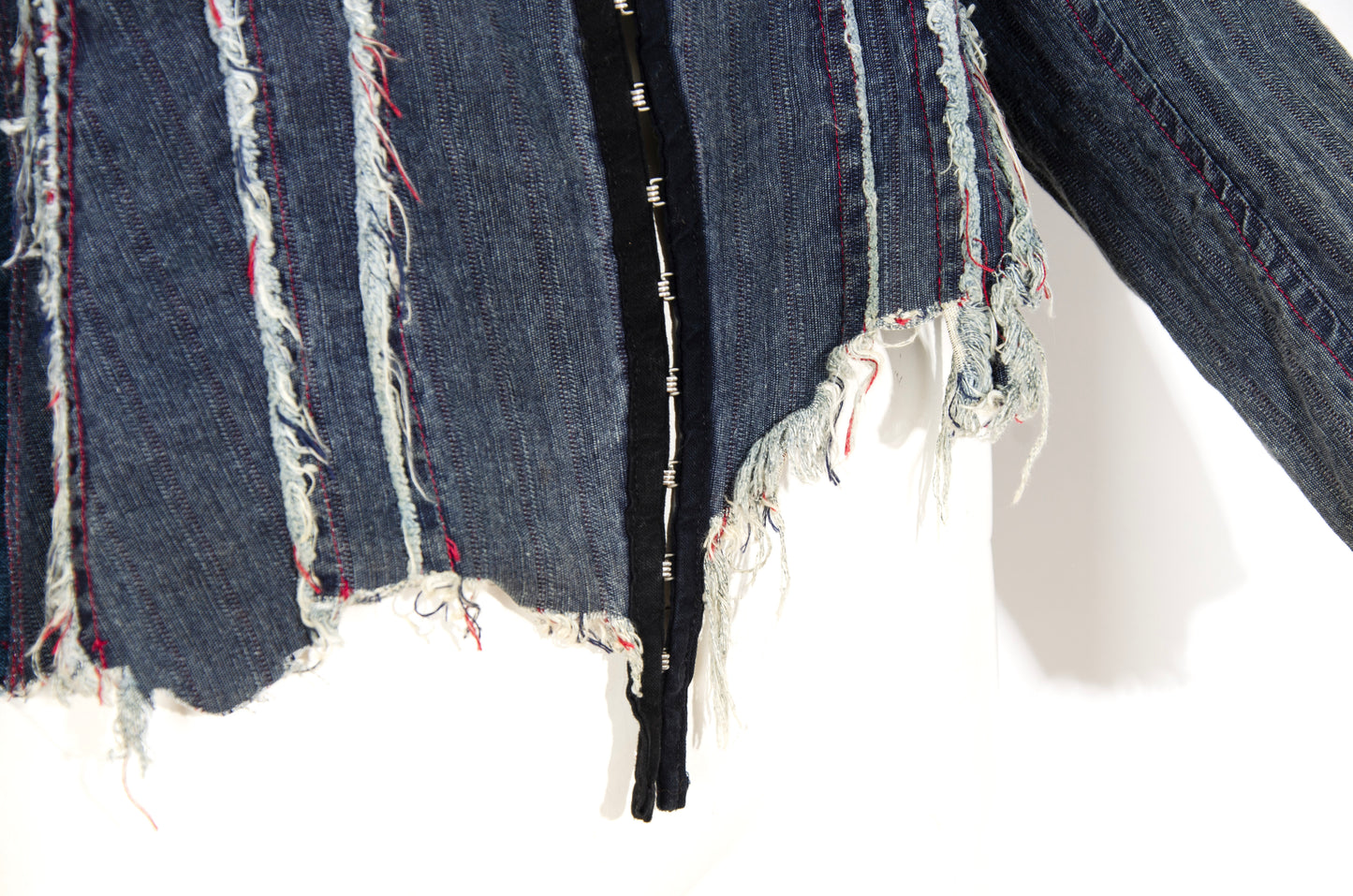 2000s French brand deconstructed denim hook & eye closure distressed denim shirt