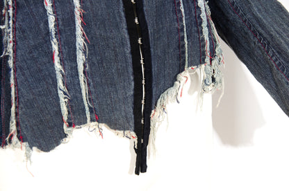 2000s French brand deconstructed denim hook & eye closure distressed denim shirt