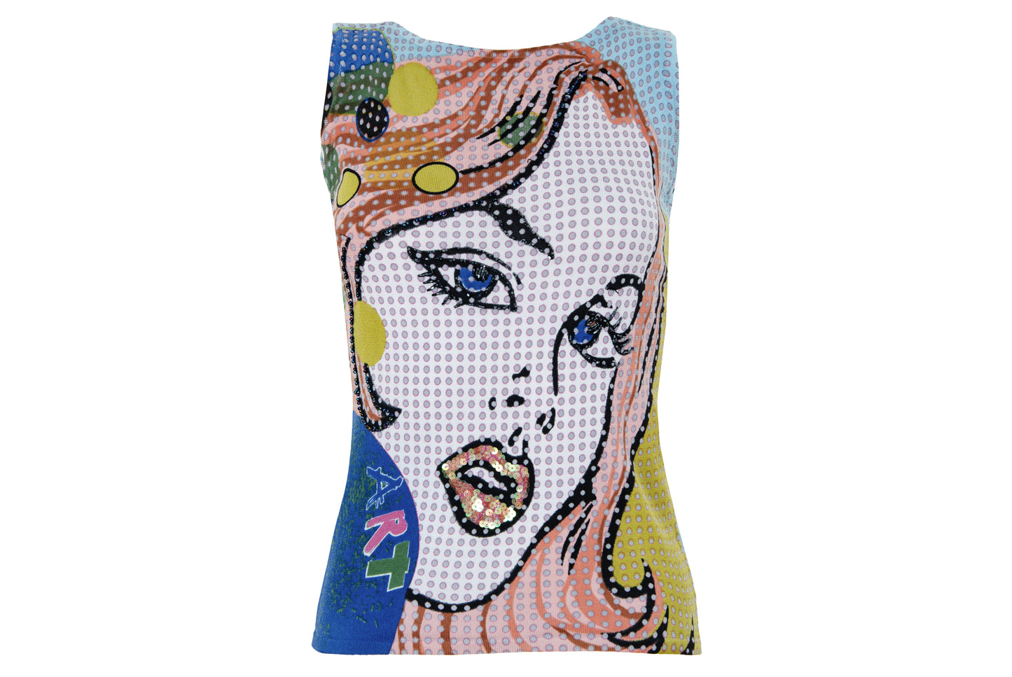 2000s pop art inspired tank top - Comic style portrait adorned with sequins and beads