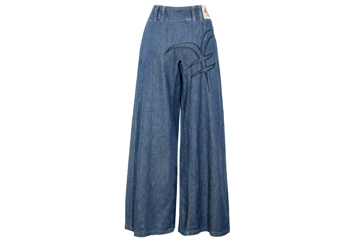 2000s Michiko Koshino two tone patchwork blue denim dramatic wide leg pants