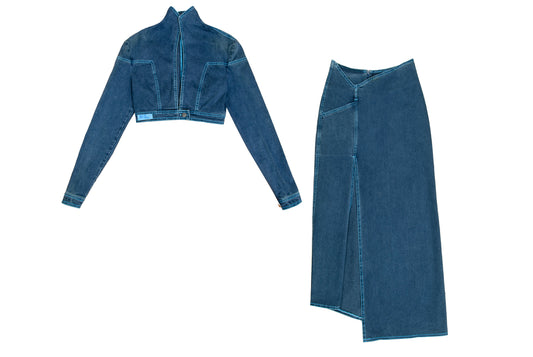 2000s Fatima Lopes cropped jacket and low waisted skirt denim set