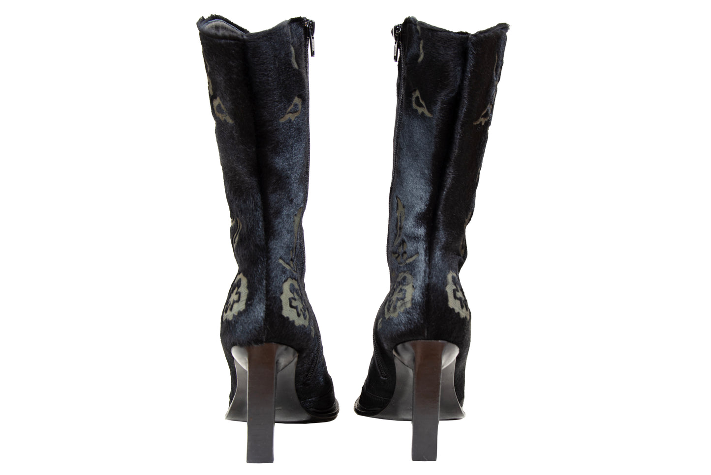 Vintage black calf hair Italian boots with floral motif and sleek high heel